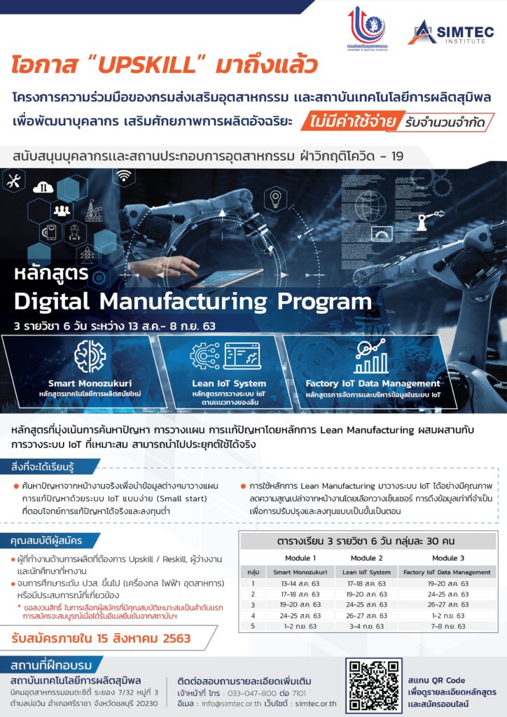 กรมส่งเสริมอุตสาหกรรมร่วมมือกับสถาบันเทคโนโลยีการผลิตสุมิพล (SIMTec) จัดอบรมไม่มีค่าใช้จ่าย เพื่อพัฒนาบุคลากร ฝ่าวิกฤติโควิด-19