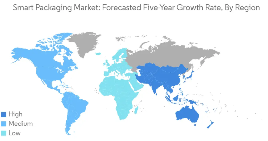 Smart packaging market over the forecasted five-year growth rate by region
Source: Mordor Intelligence