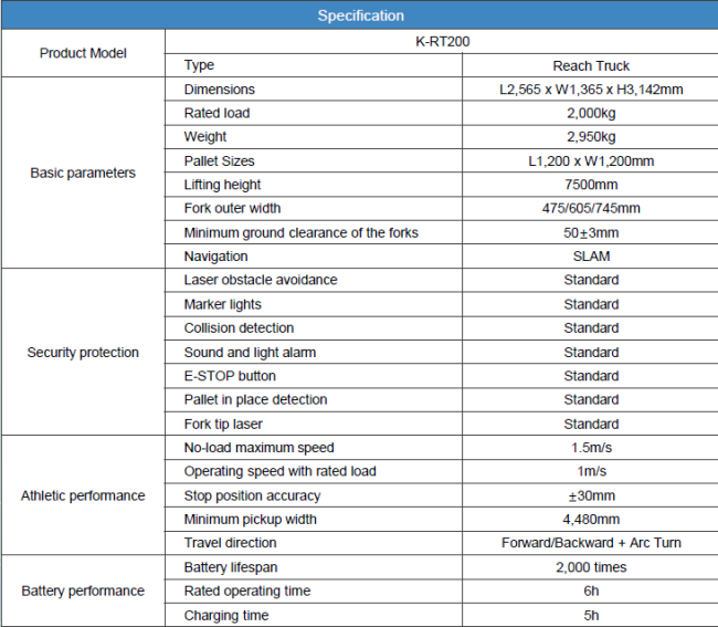 หุ่นยนต์ขนส่งอัตโนมัติยกสูง 7.5 เมตร Reach Truck AMR รุ่น K-RT200